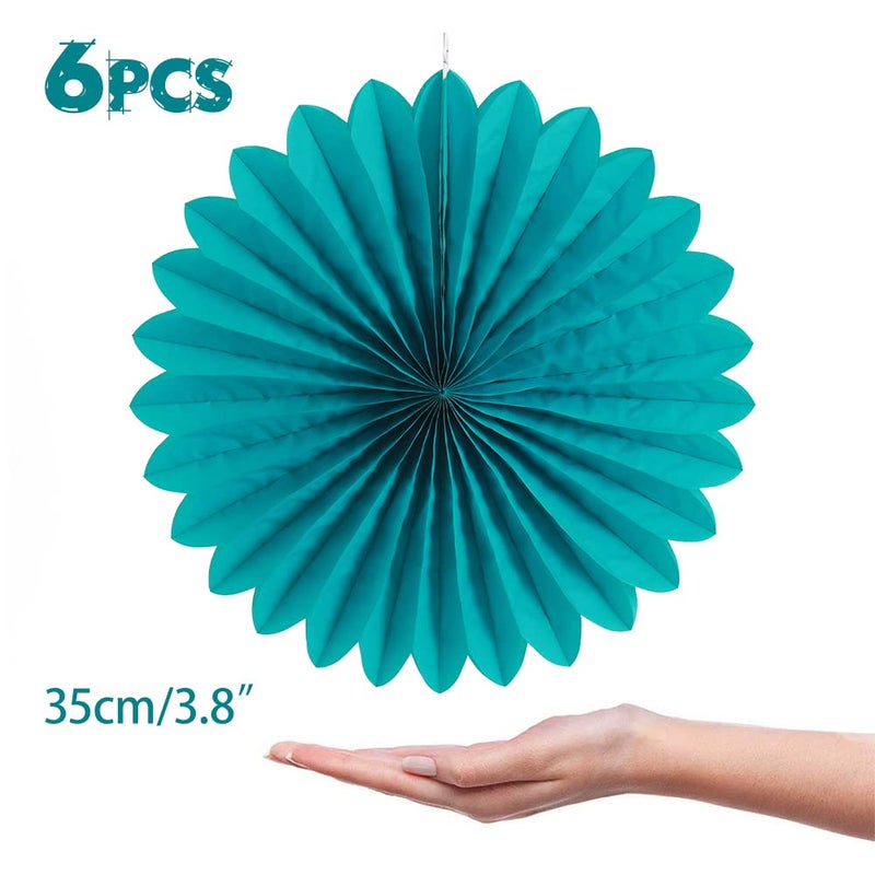 Easy Joy Teal Party Decorations Paper Fans Birthday Wedding Home Party Hanging Decoration, Set of 6 (14 Inches, Teal) - Image 2